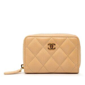 Chanel CC Logo Quilted Classic Zip Coin Purse Beige Caviar Leather